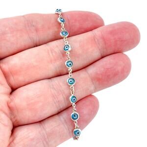Vintage Sterling Silver 925 Blue Glass Evil Eye Bracelet 7"